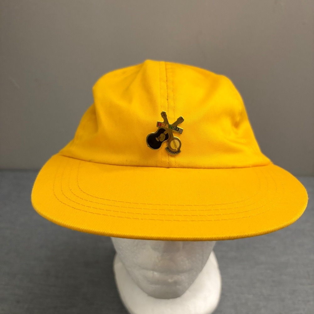 Vintage Branson Missouri Hat Mens OSFA Yellow 90s Souvenir Pin Elastic Back Cap